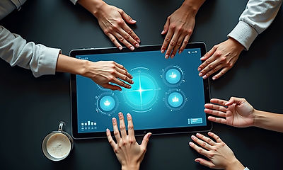 A group of people hold together a gadget